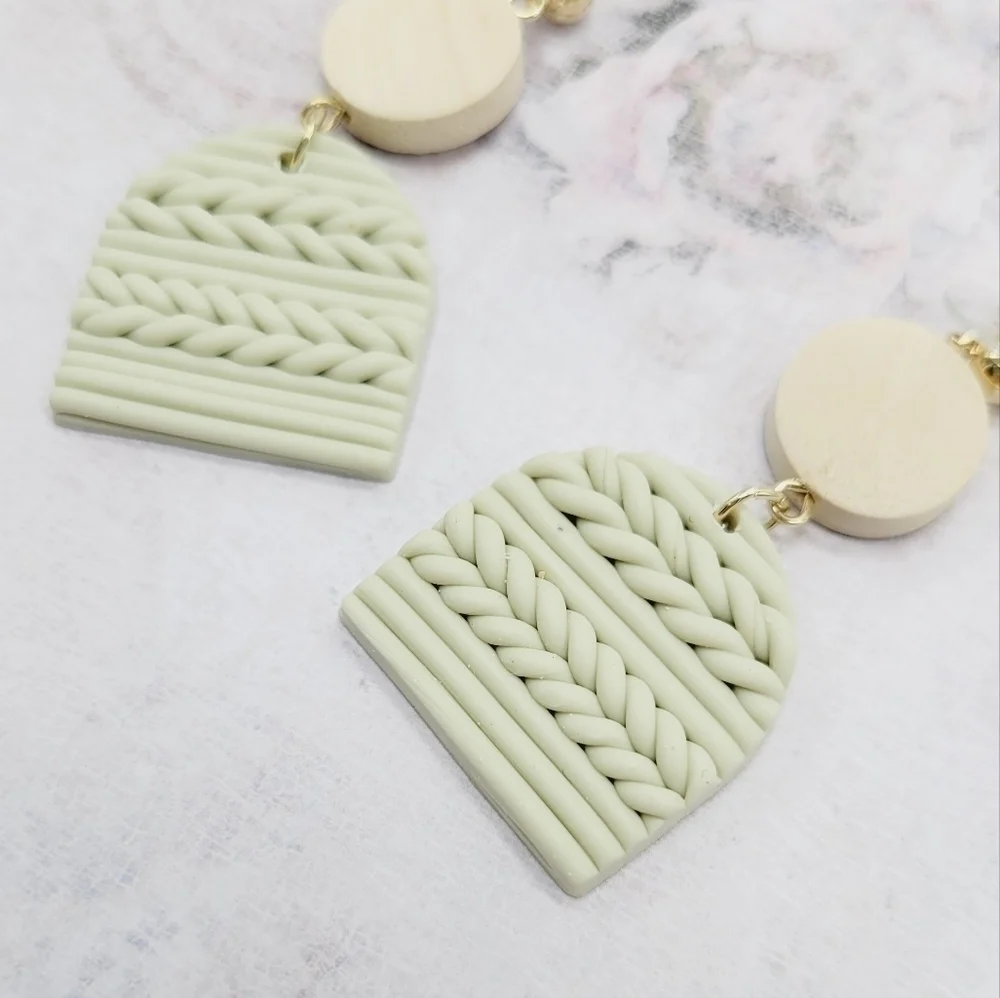 Boho green and‎ cream color Geometric drop medium size earrings
